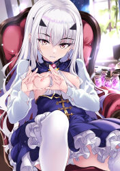 Rule 34 | 1girl, blue dress, breasts, breasts out, brown eyes, chair, dress, melusine (fate), melusine (second ascension) (fate), fate/grand order, fate (series), forked eyebrows, glass bottle, grin, heart, heart hands, highres, hitsujibane shinobu, light rays, long hair, long sleeves, looking at viewer, nipples, panties, sidelocks, sitting, small breasts, smile, solo, thighhighs, thighs, underwear, white hair, white panties, white thighhighs