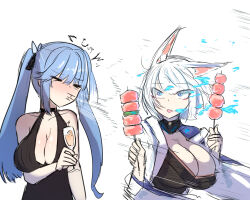 Rule 34 | 2girls, akaoni (zumt3548), animal ears, azur lane, blue fire, blue hair, breasts, cleavage, cleavage cutout, clothing cutout, cup, drinking glass, essex (azur lane), essex (craft fairytail) (azur lane), fire, kaga (azur lane), large breasts, multiple girls, sneezing, twintails, white hair, wine glass