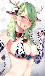 Rule 34 | 1girl, absurdres, animal ears, animal print, antlers, bell, bikini, bottle, breasts, brown collar, ceres fauna, cleavage, collar, cow ears, cow print, cow print bikini, elbow gloves, fake animal ears, gloves, green hair, hairband, highres, holding, holding bottle, hololive, hololive english, horns, kaiju ryoku, large breasts, milk bottle, mouth hold, neck bell, print bikini, solo, swimsuit, upper body, virtual youtuber, yellow eyes