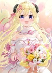 Rule 34 | 1girl, :d, ahoge, arm ribbon, armpit crease, bare shoulders, black horns, blonde hair, blue eyes, blurry, blurry background, blush, bouquet, breasts, cleavage, collar, commentary request, detached sleeves, dress, flower, frilled collar, frilled sleeves, frills, fur collar, fuumi (radial engine), hair between eyes, hair flower, hair ornament, hair ribbon, holding, holding bouquet, holoforce, hololive, horns, large breasts, lens flare, light particles, long hair, looking at viewer, open mouth, pink flower, pink ribbon, red flower, red ribbon, ribbon, rose, sheep girl, sheep horns, short sleeves, sidelocks, smile, solo, straight-on, tsunomaki watame, upper body, very long hair, virtual youtuber, white dress, white flower, yellow flower, yellow rose