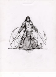 Rule 34 | 1boy, absurdres, boots, closed mouth, commentary, conan (series), conan the barbarian, dual wielding, earrings, english commentary, greyscale, highres, holding, holding sword, holding weapon, ink (medium), inktober, jewelry, loincloth, long hair, looking at viewer, male focus, manuel castanon, monochrome, muscular, muscular male, pelvic curtain, scan, topless male, simple background, solo, sword, toeless legwear, traditional media, weapon, white background