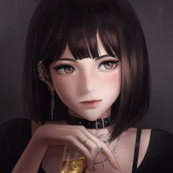 Rule 34 | 1girl, bad id, bad twitter id, black choker, black shirt, brown eyes, brown hair, choker, closed mouth, cup, drink, ear piercing, expressionless, fingernails, grey background, hand up, highres, holding, holding cup, ice, ice cube, jewelry, lips, looking away, looking to the side, necklace, nuker (nukerdraws), original, piercing, ring, shirt, simple background, solo, upper body, wall