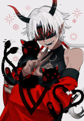 Rule 34 | 1boy, azuma hatori, bare shoulders, black skin, black tongue, blindfold, braid, cat, colored skin, commentary, dangle earrings, dark-skinned male, dark skin, demon horns, earrings, fangs, glitch, gradient skin, heart, heart tail, horns, jewelry, long hair, looking at viewer, male focus, multiple tails, oni, open mouth, original, piercing, pointy ears, red nails, single braid, smile, solo, symbol-only commentary, tail, tan, tongue piercing, two tails, upper body, v, white background, white hair