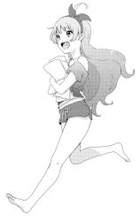 Rule 34 | 1girl, ahoge, bare shoulders, barefoot, bow, clothing cutout, commentary request, eyelashes, full body, greyscale, hair bow, hairband, holding, holding paper, idolmaster, idolmaster million live!, long hair, looking ahead, midriff, monochrome, open mouth, paper, running, shimabara elena, shirt, shorts, shoulder cutout, smile, solo, teeth, tied shirt, upper teeth only, waist ribbon, wavy hair, white background, witoi (roa)