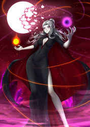 Rule 34 | 1girl, adsouto, artist name, black dress, black nails, black sclera, breasts, broken moon, cleavage, cleavage cutout, clothing cutout, colored sclera, colored skin, dress, energy, energy ball, glowing, highres, long hair, looking at viewer, medium breasts, moon, nail polish, night, parted lips, red eyes, rwby, salem (rwby), side slit, silver hair, solo, standing, white skin