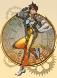 Rule 34 | 1girl, bad id, bad pixiv id, bodysuit, bomber jacket, breasts, brown eyes, brown hair, character name, clothes writing, cross-laced footwear, from side, full body, gears, gloves, glowing, goggles, hage2013, hand on own hip, jacket, leg up, looking at viewer, medium breasts, overwatch, overwatch 1, roman numeral, salute, shoes, short hair, smile, solo, thigh strap, tracer (overwatch), two-finger salute, white footwear, yellow background