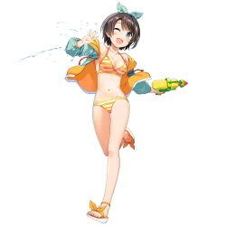 Rule 34 | 1girl, bare shoulders, bikini, bikini under clothes, black hair, blue eyes, breasts, cleavage, collaboration, collarbone, dawn of the breakers, full body, halterneck, highres, holding, holding water gun, hololive, medium breasts, nail polish, navel, official alternate costume, official art, one eye closed, oozora subaru, oozora subaru (hololive summer 2019), open mouth, orange bikini, orange nails, sandals, short hair, solo, striped bikini, striped clothes, swimsuit, tongue, virtual youtuber, wakaba sprout, water drop, water gun, white background