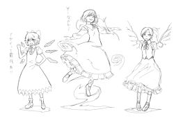 Rule 34 | 3girls, alternate costume, arms behind back, cirno, daiyousei, detached wings, dress, female focus, floating, full body, greyscale, hand on own hip, is that so, kuroi yasu, monochrome, multiple girls, rumia, short hair, side ponytail, skirt, skirt set, touhou, translation request, wings