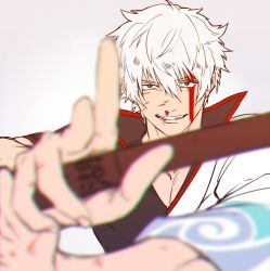 Rule 34 | 1boy, blood, blood on face, blurry, bokken, depth of field, fighting stance, gintama, grin, hadanugi dousa, juu satoshi, male focus, outstretched hand, popped collar, sakata gintoki, smile, solo, spiked hair, sword, weapon, white hair, wooden sword