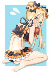 Rule 34 | 1girl, abigail williams (emerald float) (fate), abigail williams (fate), absurdres, ass, back, bare shoulders, bikini, black bikini, black bow, blonde hair, blue background, blue eyes, blush, border, borumete, bow, breasts, double bun, emerald float, fate/grand order, fate (series), feet, flying sweatdrops, forehead, frilled bikini, frills, hair bow, hair bun, highres, holding, holding stuffed toy, hunched over, legs, long hair, looking at viewer, miniskirt, official alternate costume, orange bow, parted bangs, polka dot, polka dot bow, simple background, sitting, skirt, small breasts, solo, stuffed animal, stuffed toy, swimsuit, teddy bear, thighs, wariza, white border