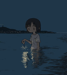 Rule 34 | 1girl, arm at side, black hair, breast pocket, city lights, closed mouth, expressionless, fireworks, holding, holding fireworks, horizon, lighthouse, looking down, mountainous horizon, night, no sclera, ocean, original, outdoors, partially submerged, pocket, reflection, reflective water, shirt, short hair, short sleeves, solo, sparkler, standing, t-shirt, umi ha kirai, white shirt, | |