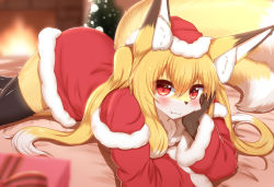 Rule 34 | 1girl, animal ears, animal nose, black thighhighs, blonde hair, blush, closed mouth, fang, fang out, fox ears, fox girl, fox tail, furry, furry female, hat, horokusa (korai), long hair, long sleeves, original, red eyes, red hat, santa costume, santa hat, smile, solo, tail, thighhighs, twintails
