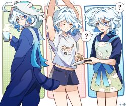 Rule 34 | 3girls, ?, ahoge, animal costume, blue eyes, blue hair, blue hood, cat, closed eyes, closed mouth, cup, furina (genshin impact), genshin impact, glass, hair between eyes, hair ornament, hairclip, heterochromia, highres, holding, holding cup, holding knife, knife, leisurely otter (genshin impact), long sleeves, midriff, multicolored hair, multiple girls, open mouth, potato, short hair, shorts, streaked hair, suika (rios151794), tail, white hair