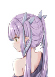Rule 34 | 1girl, bare shoulders, blue ribbon, brown eyes, closed mouth, hair ribbon, japanese clothes, keiran (ryo170), kimono, kyoka (princess connect!), long hair, looking away, pointy ears, princess connect!, profile, purple hair, purple kimono, ribbon, simple background, solo, twintails, undressing, upper body, very long hair, white background