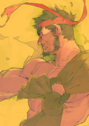 Rule 34 | 1boy, brown eyes, brown hair, drooling, facial hair, fighting stance, headband, highres, japanese clothes, looking away, muscular, muscular male, red headband, ryu (street fighter), saliva, sketch, street fighter, street fighter 6, tears, umezawa michiko, upper body, yellow background