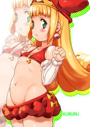 Rule 34 | 1girl, bare shoulders, bikini, blonde hair, blush, bow, character name, clenched hands, clothes pull, collarbone, commentary request, cowboy shot, cross, detached sleeves, earrings, flat chest, flipped hair, green eyes, groin, halftone, hands up, highres, jewelry, kururu (little princess), long hair, looking at viewer, marl kingdom, navel, nippon ichi, open mouth, puffy shorts, red bikini, red headwear, red shorts, shiny skin, short shorts, shorts, shorts pull, sidelocks, sideways glance, solo, stomach, swimsuit, white background, yellow bow, yu 3, zoom layer