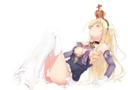 Rule 34 | 1girl, alternate breast size, armpits, azur lane, bare shoulders, blonde hair, blue ribbon, blush, bow, breasts, closed eyes, closed mouth, commentary request, crown, detached sleeves, female masturbation, gloves, hair bow, hairband, highres, knees up, leaning back, long hair, masturbation, mini crown, neck ribbon, nipples, queen elizabeth (azur lane), ribbon, shirt slip, sidelocks, sitting, skirt, small breasts, solo, sunlight, suwakana, thighhighs, wallpaper (object), white bow, white gloves, white thighhighs