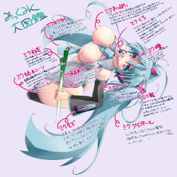 Rule 34 | 1girl, absurdres, aqua eyes, aqua hair, ass, bare shoulders, breasts, detached sleeves, female focus, food, hatsune miku, headset, highres, large breasts, long hair, microphone, necktie, nipples, open clothes, open mouth, panties, popped button, scatter milk, solo, spring onion, translation request, twintails, underwear, vocaloid