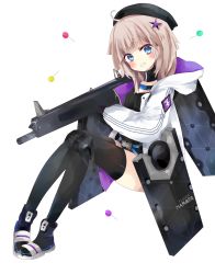 Rule 34 | 1girl, aa-12, aa-12 (girls&#039; frontline), absurdres, ahoge, automatic shotgun, bags under eyes, beret, black footwear, black gloves, black hat, black shirt, black thighhighs, blue eyes, blush, boots, brown hair, buckle, candy, combat shotgun, commentary, drum magazine, food, full body, girls&#039; frontline, gloves, grin, gun, hair ornament, hat, high-capacity magazine, highres, holding, holding gun, holding weapon, hood, hood down, hooded jacket, jacket, lollipop, long sleeves, looking at viewer, magazine (weapon), name connection, object namesake, open clothes, open jacket, puffy long sleeves, puffy sleeves, ribbed shirt, shield module, shirt, shotgun, simple background, sleeves past wrists, smile, snap-fit buckle, solo, star (symbol), star hair ornament, thighhighs, tsukiyo (skymint), weapon, white background, white jacket