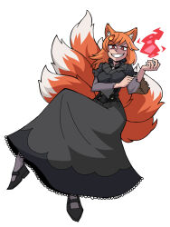 Rule 34 | 1girl, animal ears, black dress, black footwear, commentary, commission, dress, eddybird55555, english commentary, fire, fox ears, fox girl, fox tail, full body, grin, highres, long sleeves, looking at viewer, medium hair, multiple tails, orange eyes, orange hair, original, ringed eyes, simple background, smile, solo, tail, white background
