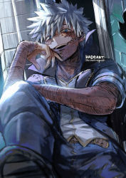 Rule 34 | 1boy, belt, black jacket, black pants, bloom, blue eyes, blurry, blurry foreground, boku no hero academia, boots, broken glass, burn scar, costume, dabi (boku no hero academia), depth of field, ear piercing, foot up, glass, grin, hand on own face, high collar, jacket, kadeart, light rays, male focus, multiple piercings, multiple scars, nose piercing, open mouth, pants, piercing, reclining, scar, scar on arm, scar on chest, scar on face, scar on neck, shirt, short hair, smile, solo, spiked hair, spoilers, stapled, stitches, twitter username, white hair, white shirt