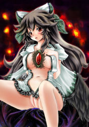 Rule 34 | 1girl, arm cannon, bad id, bad pixiv id, black hair, blush, bow, breasts, cape, covered erect nipples, female focus, large breasts, long hair, open clothes, open shirt, pussy, r0g0b0, red eyes, reiuji utsuho, shirt, solo, touhou, uncensored, weapon, wings