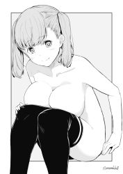 Rule 34 | 1girl, blush, breast press, breasts, closed mouth, collarbone, feet out of frame, greyscale, hand on own knee, kichihachi, knees up, large breasts, looking at viewer, medium hair, monochrome, nude, original, outside border, simple background, sitting, smile, solo, thighhighs, twintails, twitter username