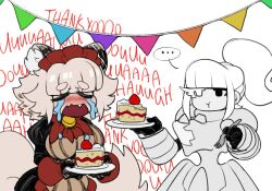 Rule 34 | ..., 1boy, 1girl, animal ear fluff, animal ears, apron, armor, armored dress, asymmetrical eyes, bow, bowtie, breasts, cake, cake slice, cat ears, cat girl, cat tail, catmaid (cibastion), cibastion, crying, curvy, demi (cibastion), dress, eating, eyebrows, eyebrows visible through, eyelashes, fang, feminine, food, fork, fruit, holding, holding plate, large breasts, long hair, maid, maid apron, maid headdress, open mouth, original, party, plate, ponytail, short hair, shoulder armor, sidelocks, speech bubble, strawberry, tail, teeth, thank you, trap, upper teeth only, white background