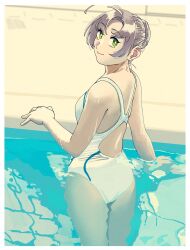 Rule 34 | 1girl, alternate hairstyle, antenna hair, competition swimsuit, from behind, green eyes, grey hair, hair bun, highres, kantai collection, kinugasa (kancolle), looking at viewer, looking back, ojipon, one-piece swimsuit, parted bangs, partially submerged, poolside, solo, swimsuit, water, white one-piece swimsuit