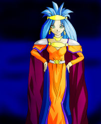 Rule 34 | 1990s (style), blue hair, cape, chrono (series), chrono trigger, crown, dress, earrings, green eyes, jewelry, long hair, queen zeal
