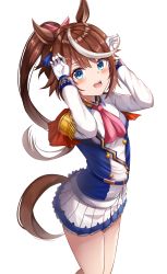 Rule 34 | 1girl, absurdres, animal ears, bad id, bad pixiv id, blue eyes, blush, breasts, brown hair, buttons, cape, epaulettes, feet out of frame, gloves, hair between eyes, high ponytail, highres, horse ears, horse girl, horse tail, jacket, long hair, long sleeves, miniskirt, multicolored clothes, multicolored hair, multicolored jacket, open mouth, pleated skirt, red cape, simple background, single epaulette, skirt, small breasts, smile, solo, streaked hair, tail, teeth, tokai teio (umamusume), two-tone hair, two-tone jacket, umamusume, upper teeth only, white background, white gloves, white hair, white skirt, zeroillya