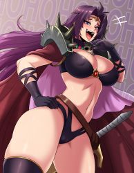 Rule 34 | 1girl, absurdres, black gloves, black thighhighs, breasts, cape, circlet, cleavage, commentary, covered erect nipples, english text, gloves, hair intakes, hand on own hip, highres, jmg, large breasts, long hair, looking at viewer, naga the serpent, navel, ojou-sama pose, purple eyes, red cape, sheath, sheathed, shoulder spikes, skindentation, skull, slayers, smile, solo, spikes, sword, thick thighs, thighhighs, thighs, thong, weapon