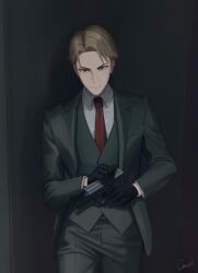 Rule 34 | 1boy, absurdres, black gloves, blue eyes, brown hair, closed mouth, collared shirt, cowboy shot, gloves, grey background, grey jacket, grey pants, grey vest, gun, hair intakes, handgun, highres, holding, holding gun, holding weapon, jacket, looking at viewer, male focus, necktie, omochiarts, open clothes, open jacket, pants, red necktie, shirt, short hair, signature, solo, spy x family, standing, twilight (spy x family), vest, weapon, white shirt, wing collar