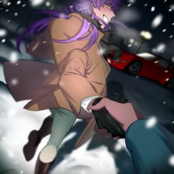 Rule 34 | 2boys, black gloves, blurry, boots, bright pupils, brown coat, brown footwear, buttons, car, coat, commentary request, creatures (company), game freak, gloves, grin, highres, holding hands, hot gay 241, korean commentary, leon (pokemon), long hair, long sleeves, male focus, motor vehicle, multiple boys, night, nintendo, outdoors, pants, pokemon, pokemon swsh, purple hair, smile, snowing, standing, teeth, white pupils, yellow eyes