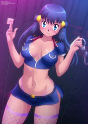 Rule 34 | 1girl, absurdres, belt, black belt, blue eyes, blue hair, blue shirt, blue skirt, blush, breast pocket, breasts, cleavage, collarbone, condom, creatures (company), cuffs, dawn (pokemon), fishnets, game freak, hair ornament, handcuffs, highres, holding, large breasts, long hair, looking at viewer, midriff, navel, nintendo, pocket, pokemon, pokemon dppt, police, police uniform, policewoman, purple thighhighs, shirt, skirt, smile, standing, thighhighs, uniform, wall, zel-sama
