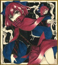 Rule 34 | 1girl, black shirt, blue bow, blue cape, blue skirt, bow, cape, commentary request, covered mouth, disembodied head, hair bow, hajike akira, high collar, highres, limited palette, long sleeves, miniskirt, red cape, red eyes, red hair, red skirt, ribbon-trimmed bow, sekibanki, shirt, skirt, smoke, solo, touhou, traditional media, two-tone cape, two-tone skirt