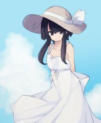 Rule 34 | 1girl, arms behind back, bare shoulders, black hair, blue sky, brown hat, closed mouth, cloud, collarbone, commentary request, day, dress, hair between eyes, hat, long hair, looking at viewer, natsuki teru, original, outdoors, shikibe ayaka, sidelocks, sky, sleeveless, sleeveless dress, smile, solo, sun hat, white dress