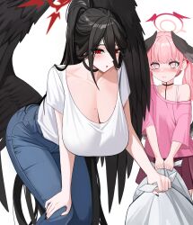 Rule 34 | 2girls, absurdres, bent over, black choker, black hair, black nails, black wings, blue archive, blush, breasts, choker, ddog, feathered wings, hair between eyes, halo, hasumi (blue archive), head wings, highres, holding, huge breasts, koharu (blue archive), long hair, low wings, mole, mole under eye, multiple girls, pants, pink hair, red eyes, shirt tucked in, short sleeves, skirt, twintails, very long hair, white background, wings