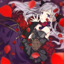 Rule 34 | 1girl, black dress, blurry, blurry foreground, commentary request, detached sleeves, dress, grey hair, idolmaster, idolmaster shiny colors, long hair, long skirt, looking at viewer, lying, mikapoe, on side, petals, purple eyes, purple skirt, skirt, solo, strapless, strapless dress, twintails, yukoku kiriko