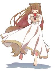 Rule 34 | 1girl, animal ears, anklet, apple, barefoot, biting, blush, brown hair, dress, feet, female focus, food, fruit, full body, holo, jewelry, long hair, pouch, red eyes, s.o chin, solo, spice and wolf, tail, white background, wolf ears, wolf tail