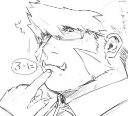 Rule 34 | 1boy, bara, blush, close-up, greyscale, hand on another&#039;s mouth, kekkai sensen, klaus von reinhertz, long sideburns, male focus, mature male, monochrome, nore (boosuke), pointing, pointing at another, portrait, short hair, sideburns, solo focus, translation request, tusks