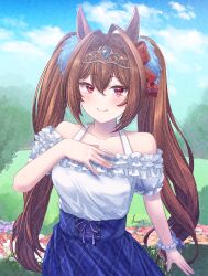 Rule 34 | 1girl, animal ears, bare shoulders, blue skirt, blue sky, blush, bow, bracelet, breasts, brown hair, closed mouth, cloud, cloudy sky, collarbone, commentary request, daiwa scarlet (umamusume), day, flower, frilled shirt, frills, hair between eyes, hair bow, hair intakes, hand on own chest, hand up, highres, horse ears, ittokyu, jewelry, long hair, looking at viewer, medium breasts, off-shoulder shirt, off shoulder, outdoors, pearl bracelet, puffy short sleeves, puffy sleeves, purple flower, red bow, red eyes, red flower, shirt, short sleeves, sidelocks, signature, skirt, sky, smile, solo, tiara, twintails, umamusume, very long hair, white shirt