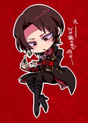 Rule 34 | 10s, 1boy, applying manicure, boots, brown eyes, brown hair, chibi, earrings, fleur-de-lis, full body, high heel boots, high heels, image sample, jewelry, kashuu kiyomitsu, long hair, male focus, md5 mismatch, nail polish, no pupils, painting nails, personification, ponytail, red background, red nails, red scarf, resized, resolution mismatch, sakiko (gekiama), scarf, sitting, solo, source larger, touken ranbu, translation request
