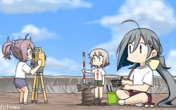 Rule 34 | 3girls, ahoge, alternate costume, aoba (kancolle), blue sky, clothes writing, cloud, commentary request, day, green eyes, green shorts, grey eyes, grey hair, hair between eyes, hair bun, hamu koutarou, highres, indian style, jar, kantai collection, kiyoshimo (kancolle), low twintails, multiple girls, one-hour drawing challenge, outdoors, paintbrush, pole, ponytail, purple shorts, rock, sculpture, shimushu (kancolle), shirt, short hair, shorts, single hair bun, sitting, sky, t-shirt, theodolite, twintails, white shirt