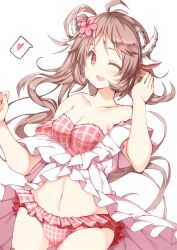 Rule 34 | 1girl, animal ears, arknights, bikini, breasts, cleavage, collarbone, cowboy shot, eyjafjalla (arknights), eyjafjalla (summer flower) (arknights), flower, hair flower, hair ornament, hasumi takashi, heart, hibiscus, highres, horns, medium breasts, navel, official alternate costume, one eye closed, open mouth, pink bikini, pink flower, plaid, plaid bikini, sheep ears, sheep girl, sheep horns, simple background, smile, solo, spoken heart, swimsuit, swimsuit cover-up, white background