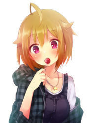 Rule 34 | 10s, 1girl, ahoge, blush, brown hair, candy, food, food in mouth, fummy, ibuki tsubasa, idolmaster, idolmaster million live!, jacket, jewelry, lollipop, looking at viewer, necklace, off shoulder, pink eyes, plaid, plaid jacket, short hair, solo, star (symbol), star necklace, white background