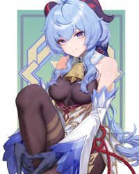Rule 34 | 1girl, absurdres, ahoge, bare shoulders, bell, black legwear, blue gloves, blue hair, blush, bow, breasts, covered erect nipples, ddsssaaa, detached sleeves, ganyu (genshin impact), genshin impact, gloves, gold trim, highres, horns, hugging own legs, knee up, long hair, looking at viewer, medium breasts, neck bell, own hands clasped, own hands together, purple eyes, sidelocks, sitting, smile, solo, thighlet, white sleeves