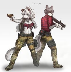 Rule 34 | 1boy, 1girl, absurdres, animal ears, artist name, backpack, bag, belt, belt buckle, blue eyes, boots, breasts, buckle, commission, earrings, full body, furry, furry female, furry male, grey background, grey hair, gun, handgun, highres, holding, holding gun, holding weapon, jewelry, leopard ears, leopard girl, leopard tail, looking at viewer, medium breasts, muscular, muscular female, navel, necklace, original, pants, parted lips, pgm300, pistol, ponytail, pouch, shotgun, simple background, standing, tail, teeth, thigh pouch, watermark, weapon, yellow eyes
