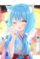Rule 34 | 1girl, ;d, absurdres, ahoge, animal ear fluff, animal ears, blue hair, blurry, blurry background, blush, bottle, cat ears, cat girl, cat tail, depth of field, hair between eyes, hair ornament, hairclip, heart, heart ahoge, highres, holding, holding bottle, hololive, honome sui, japanese clothes, kimono, long hair, looking at viewer, low twintails, official alternate costume, one eye closed, open mouth, ramune, ribbon, smile, solo, tail, tail ornament, tail ribbon, twintails, upper body, virtual youtuber, yellow eyes, yukihana lamy, yukihana lamy (new year)