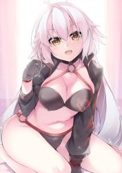 Rule 34 | 1girl, :d, ahoge, bare legs, barefoot, bikini, black bikini, black choker, black gloves, black jacket, blush, brown eyes, choker, collarbone, commentary request, fate/grand order, fate (series), gloves, hair between eyes, head tilt, jacket, jeanne d&#039;arc alter (swimsuit berserker) (fate), jeanne d&#039;arc (fate), jeanne d&#039;arc alter (fate), jeanne d&#039;arc alter (swimsuit berserker) (fate), long hair, long sleeves, navel, o-ring, o-ring bikini, o-ring top, open mouth, sasakura, seiza, shrug (clothing), silver hair, sitting, smile, solo, swimsuit, very long hair